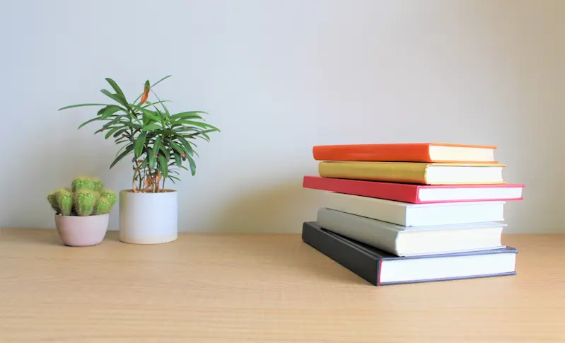 読書　明るい部屋に観葉植物と積み重なった本が置いてある